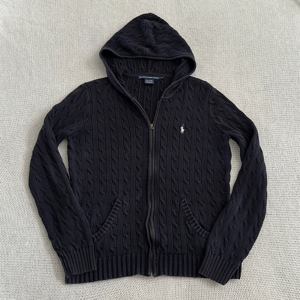 Ralph Lauren Navy Cable Knit Full Zip Sweater Size XL